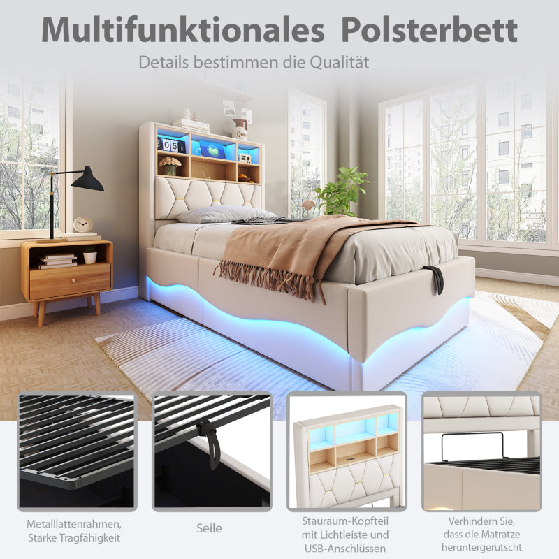 Kinderbett  90×200 cm mit hydraulischem Stauraum APP-gesteuertes LED-Lichtband USB-Ladeanschluss Metall-Lattenrost Leinenpolsterung Beige
