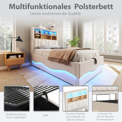 Kinderbett  90×200 cm mit hydraulischem Stauraum APP-gesteuertes LED-Lichtband USB-Ladeanschluss Metall-Lattenrost Leinenpolsterung Beige