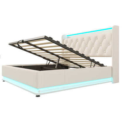 Polsterbett Doppelbett, 360-Surround-LED-Funktion, Drucktaste/App/Fernbedienung, 160*200 cm, weiß PU-Material Hydraulisches Lagerbett, gepolstertes Kopfteil mit USB Typ-C Ladefunktion (Mit Matratze)
