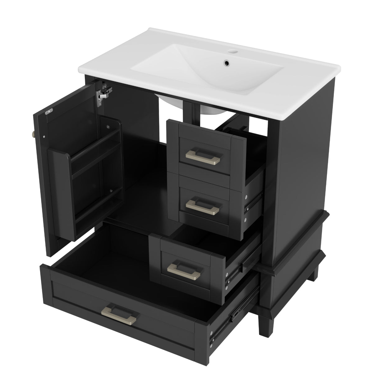 Badezimmerschrank 73x45,5x83,5 cm mit Keramikwaschbecken, 3 Soft-Close-Schubladen, Türregal, verstellbarem Fach, Schwarz