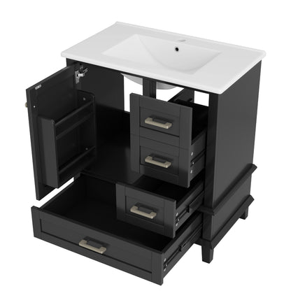 Badezimmerschrank 73x45,5x83,5 cm mit Keramikwaschbecken, 3 Soft-Close-Schubladen, Türregal, verstellbarem Fach, Schwarz