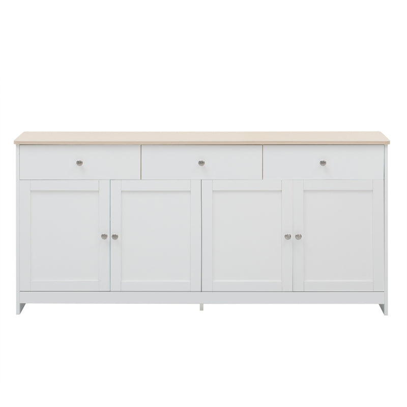 Sideboard mit weißer Holzmaserung, vier Türen, mit drei Schubladen, Wohnzimmer, Esszimmer. Holzfarbe und Weiß