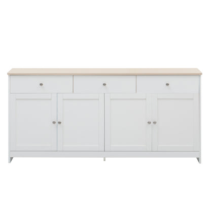 Sideboard mit weißer Holzmaserung, vier Türen, mit drei Schubladen, Wohnzimmer, Esszimmer. Holzfarbe und Weiß