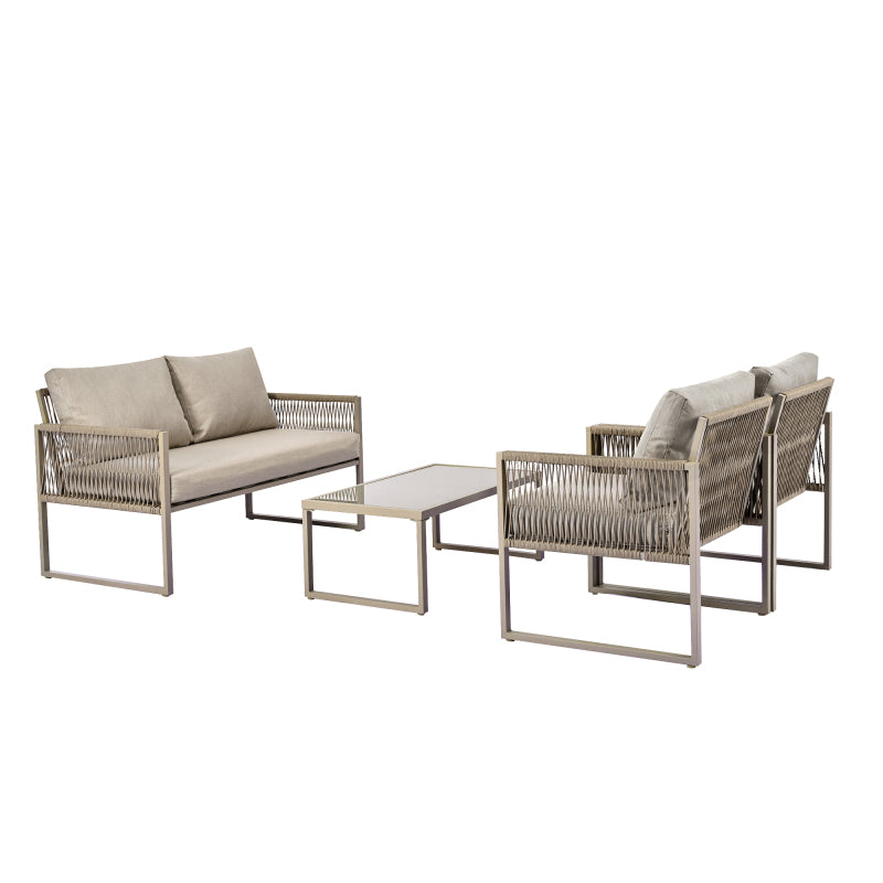 Garten-Lounge-Set mit verzinktem Eisenrahmen, Gartenmöbel-Set aus Seil, Lounge-Set aus khakifarbenem Seil mit Sitzkissen, verstellbaren Füßen, glatter Glasplatte, 4er-Set, inklusive aller Kissen