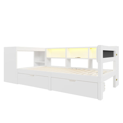 90x200 Holz-Plattformbett mit Ablageflächen, Schubladen, Ladestation und gepolstertem Kopfteil, Mit bunten LED-Leuchten, Weiß