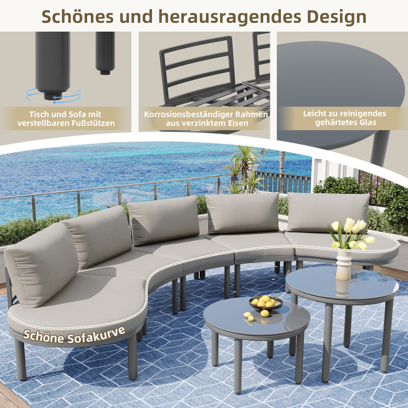 Gartenmöbel-Set (5-Sitzer), 2 Couchtische aus gehärtetem Glas, verzinkter Eisenrahmen, bequeme Gartenmöbel mit grauen Sitzpolstern und Kissen, mit verstellbaren Beinen, elegantes abgerundetes Sofa
