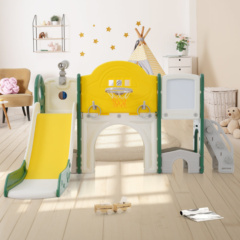 10 in 1 Kinderrutsche Kletterspielzeug, Multifunktionsrutsche Rutschen, freistehende Rutsche, Klettern, Bohrspiel, Stauraum, Spielkorridor, Basketballkorb, Lasso-Spiel, Reißbrett, Golfspiel, Teleskop