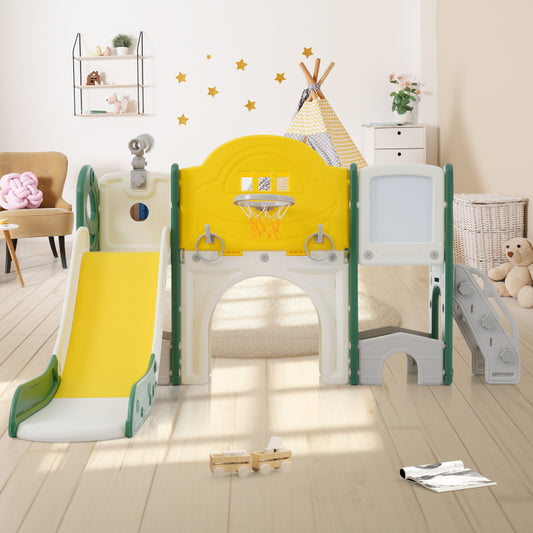 10 in 1 Kinderrutsche Kletterspielzeug, Multifunktionsrutsche Rutschen, freistehende Rutsche, Klettern, Bohrspiel, Stauraum, Spielkorridor, Basketballkorb, Lasso-Spiel, Reißbrett, Golfspiel, Teleskop