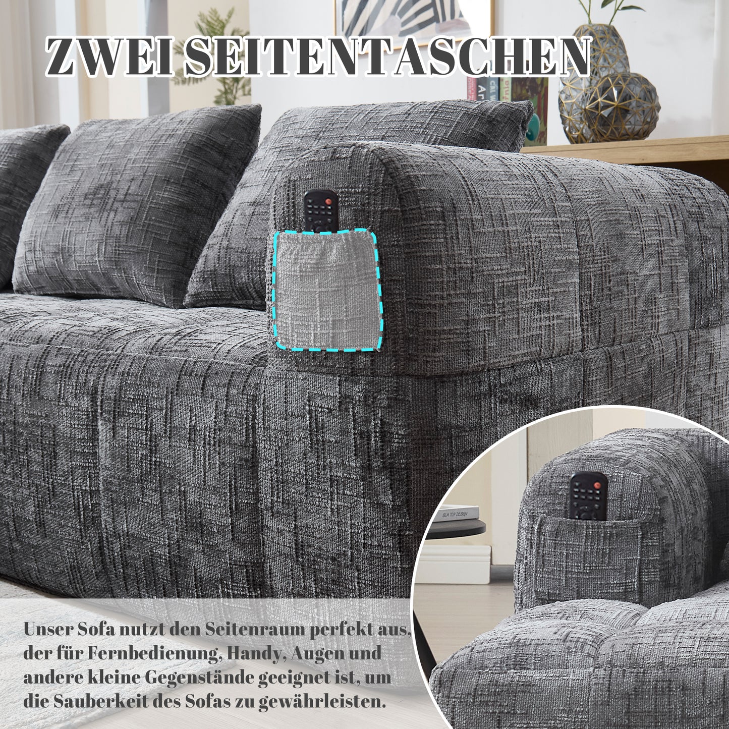 Modernes Sektionssofa, L-Sofa, 3-Sitzer-Sofa, keine Installation erforderlich, Chenille-Sofa mit Chaiselongue und Armlehnen, 3 Kissen, Seitentasche für Fernbedienung, Grau