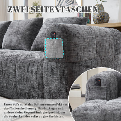 Modernes Sektionssofa, L-Sofa, 3-Sitzer-Sofa, keine Installation erforderlich, Chenille-Sofa mit Chaiselongue und Armlehnen, 3 Kissen, Seitentasche für Fernbedienung, Grau