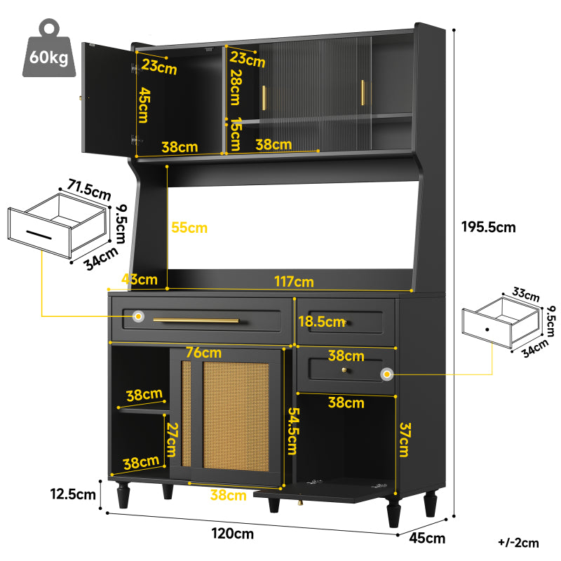 Küchenschrank, Esszimmerschrank mit 3 Schubladen,Sideboard mit LED-Beleuchtung, PE-rattan, schwarz