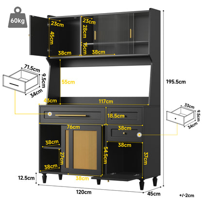 Küchenschrank, Esszimmerschrank mit 3 Schubladen,Sideboard mit LED-Beleuchtung, PE-rattan, schwarz