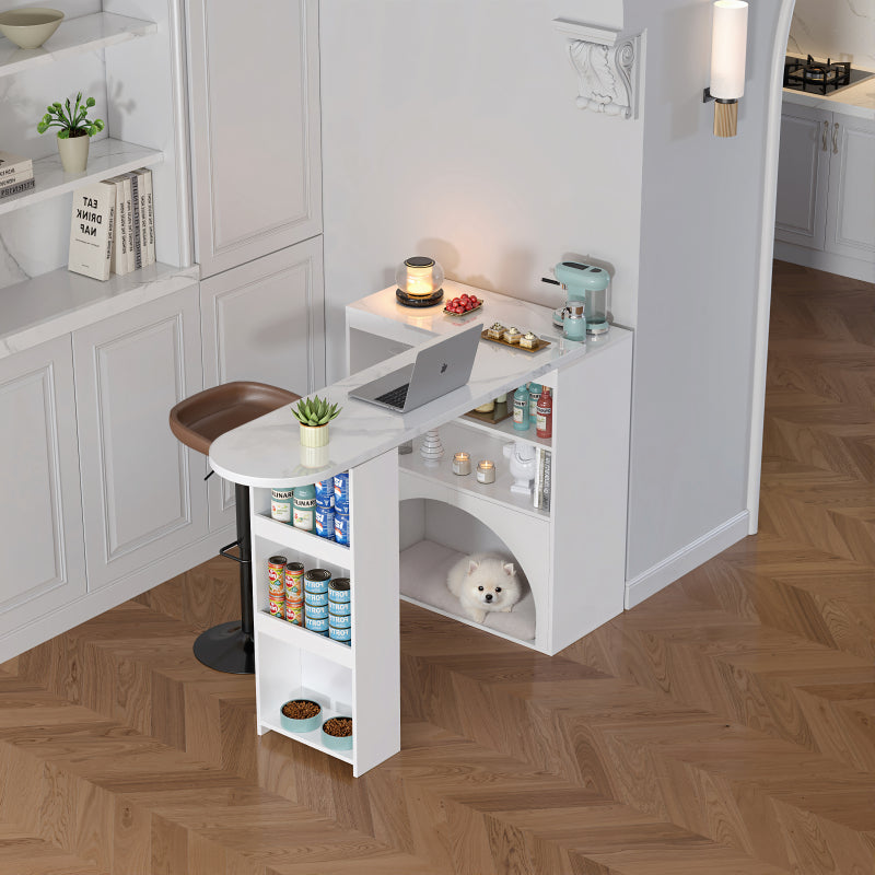 Drehbarer ausziehbarer Thekentisch & Esstisch, 120(+80)×40×100 cm – moderner, hoher Tisch in Marmoroptik mit integriertem Haustierbereich. Farbe: Weiß.