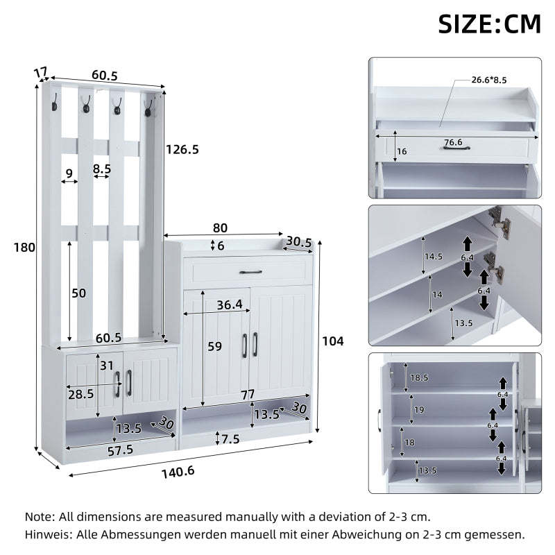 Flurgarderobe Paneel+Schuhschränke, Schuhwechsel-Set, weiß Garderoben-Set 140.6 x 32 x 180 cm