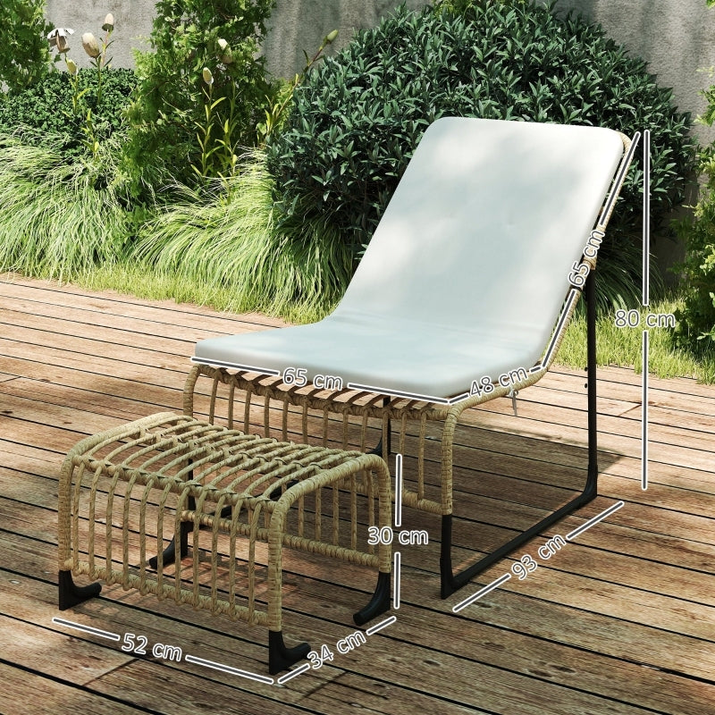 Rattan Relaxsessel mit Fußhocker, Outdoor Rattanstuhl Gartenstuhl für Garten, Balkon, Terrasse, Naturholz