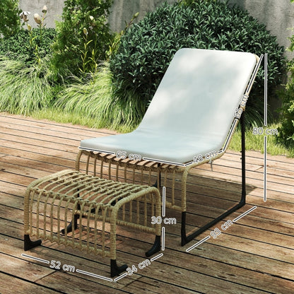 Rattan Relaxsessel mit Fußhocker, Outdoor Rattanstuhl Gartenstuhl für Garten, Balkon, Terrasse, Naturholz