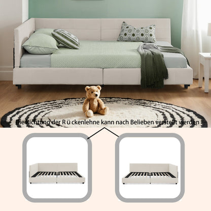 Doppelbett 160x200, weiches hautfreundliches Samt, L-förmiges Eck Bettgestell, robuste Eukalyptus- und Eisenlatten, Beige (ohne Matratze)