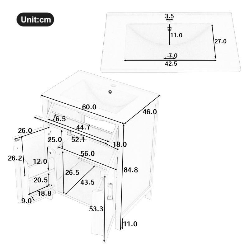 Bodenstehender Badezimmerschrank mit Waschbecken,Waschtisch,Volllackierung, integriertes Keramik Waschbecken, weiß