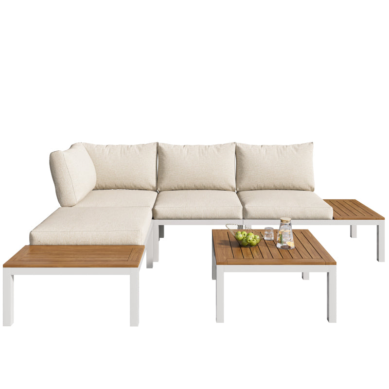 Garten-Loungesessel-Set, Gestell aus verzinktem Stahl, (2x Zweisitzer, 2x Beistelltische, 1x Tisch), Akazienholzplatte, Stoffbezug zur Bespannung der Rückenlehne, beige(previous sku:HW00005AAW)