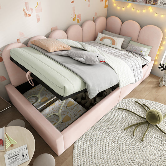 Polsterbett Daybett,Tagesbett Schlafsofa mit hydraulischem Stauraum, Kinderbett mit Metall-Lattenrost, Samt, Rosa, ohne Matratze