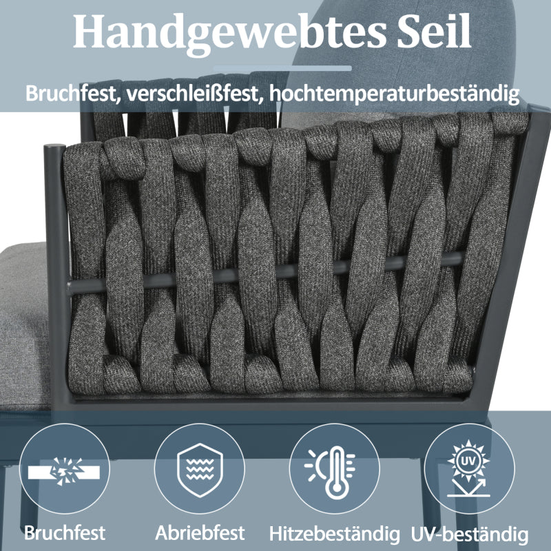 Garten Loungesessel Set, Gartenmöbel Set mit bequemen Kissen, 3er Sofa, 2 Sessel und Couchtisch, Outdoor, Glastischplatte, geflochtene Seilarmlehnen, verzinkter Stahl, grau