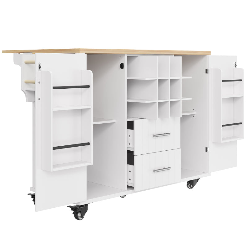 Kücheninsel mit herausnehmbaren Trennwänden, Esszimmerwagen mit Arbeitsplatte, Buffetschrank, Esszimmerwagen mit Holzmaserung, seitlicher Handtuchhalter, mit Weinregal, mit Rollen, weiß