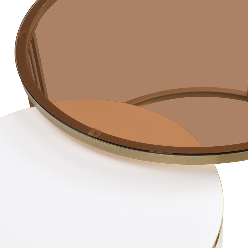 2-in-1 runder Couchtisch aus MDF, Beistelltisch mit 1 weißen Platte und 1 braunen Platte aus gehärtetem Glas, Couchtischkombination mit 2 Schubladen für das Wohnzimmer, 70*70*45 + 50*50*40 cm