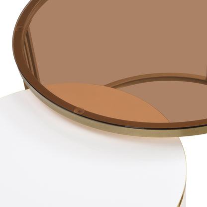 2-in-1 runder Couchtisch aus MDF, Beistelltisch mit 1 weißen Platte und 1 braunen Platte aus gehärtetem Glas, Couchtischkombination mit 2 Schubladen für das Wohnzimmer, 70*70*45 + 50*50*40 cm