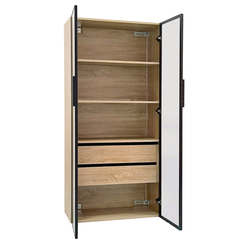 2er-Set  Badezimmerschrank, mittel, mit Lichtleiste, 73 cm breit, mit 2 großen Schubladen und 2 Türen, Glastür