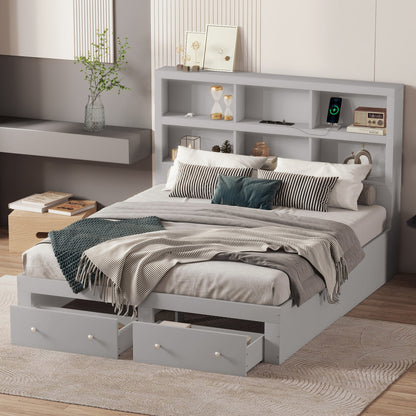 160*200cm Doppelbett, Kingsize-Plattformbett mit zwei Schubladen am Fußende des Bettes, Kopfteil mit Stauraum, Grau