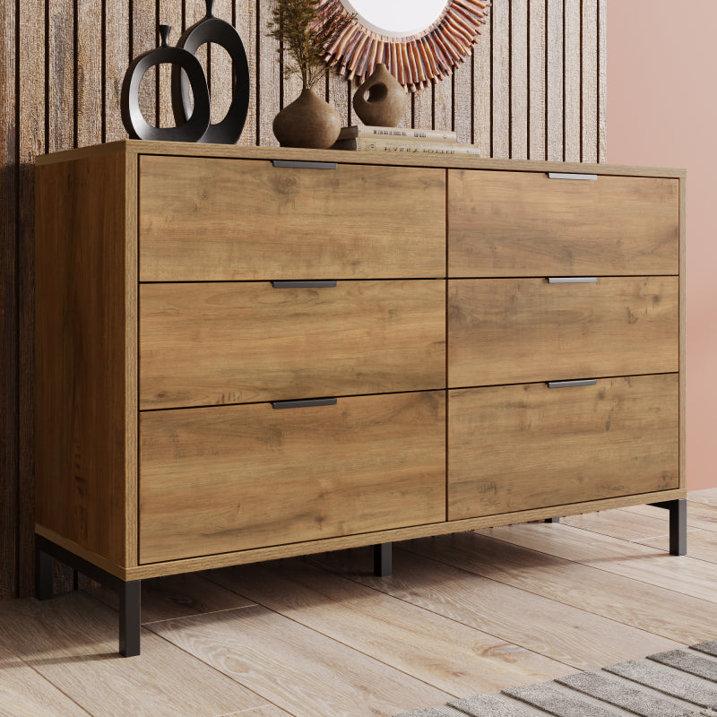Kommode, Sideboard mit 6 Schubladen, 120 x 40 x 76 cm in Dunkle Eiche, Sideboard Highboard für Schlafzimmer & alle Wohnräume