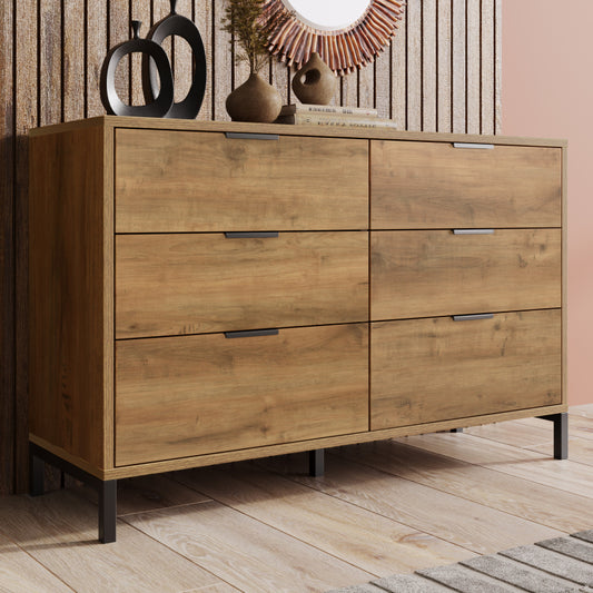 Kommode, Sideboard mit 6 Schubladen, 120 x 40 x 76 cm in Dunkle Eiche, Sideboard Highboard für Schlafzimmer & alle Wohnräume