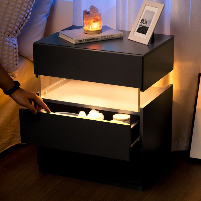 LED Nightstands 3 Drawer Dresser for Bedroom End Table with Acrylic Board LED Bedside Tables for Bedroom Living Room Bedside Furniture (Black)