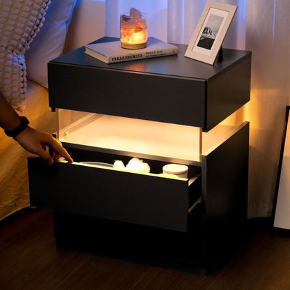 LED Nightstands 3 Drawer Dresser for Bedroom End Table with Acrylic Board LED Bedside Tables for Bedroom Living Room Bedside Furniture (Black)