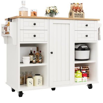 Moderne Kücheninsel (127×46×91,5cm) Küchenschrank Essschrank mit Holzmaserung Esswagen mit multifunktionalem Stauraum und herausnehmbaren Trennwänden, weiß