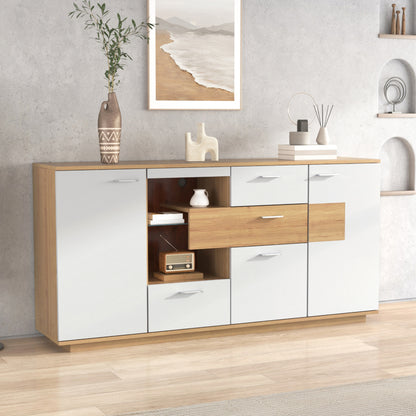 Modernes Sideboard-Schrank mit viel Stauraum, mit LED-Beleuchtung, 160x40x77cm, 2 Türen, 4 Schubladen, Glasablage, Holzoptik, Weiß,Wohnzimmermöbel, Organizer, Kommode, Mehrzweckschrank.