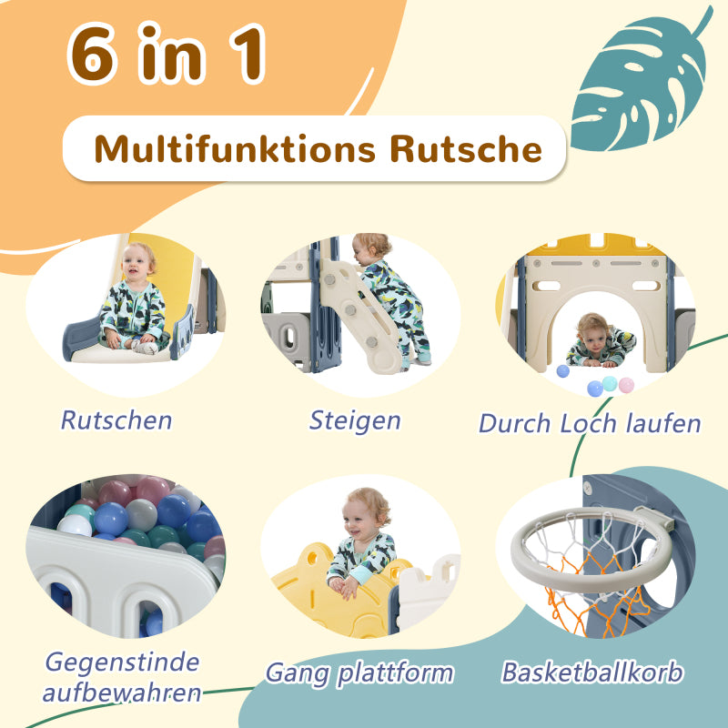 Mein kleines Schloss-Slide Kletterspielzeug für Kinder, 6 in 1 Kinderrutsche, Klettern, Bohrspiel, Stauraum, Spielgang, Basketballrahmen. Hergestellt aus HDPE (Enthält keine Meereskugeln)