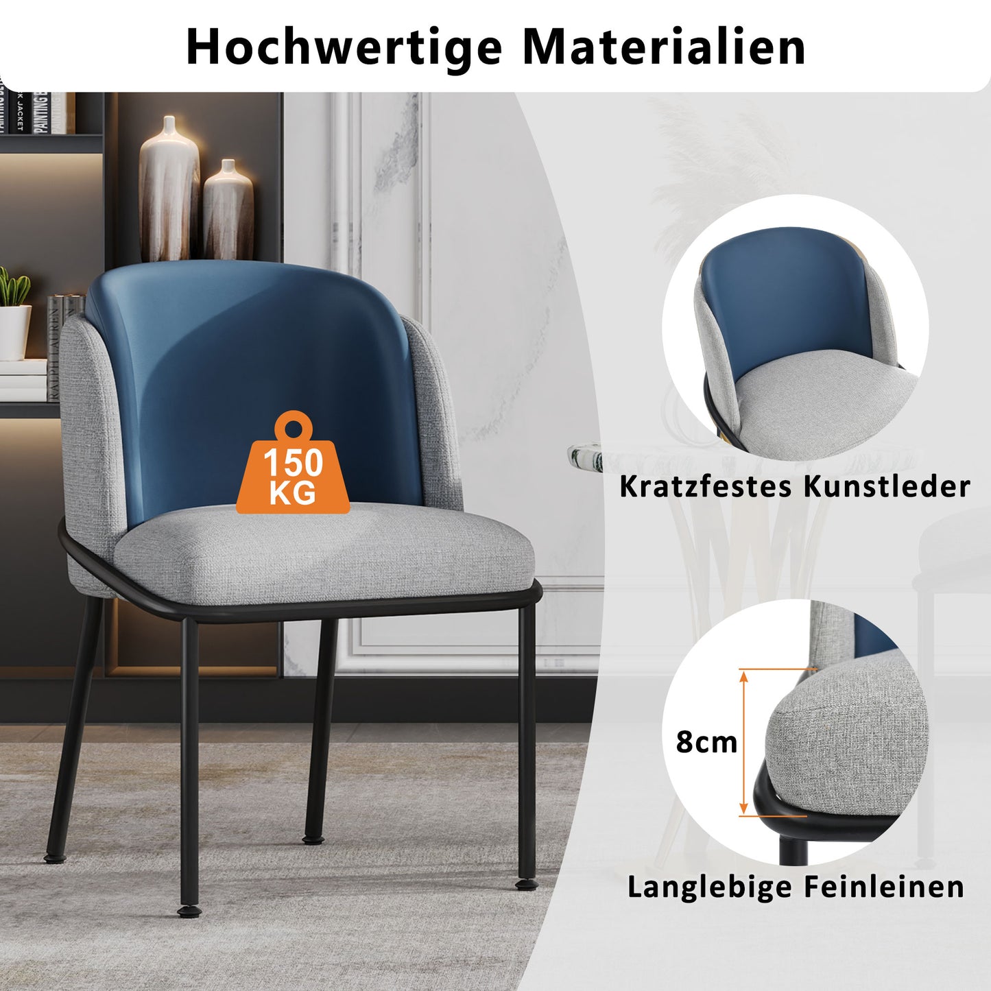 2 St Moderner Stuhl, Ideal für Wohnzimmer, Offene Bürofläche, Esszimmer, Grau+Marine