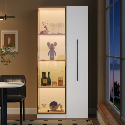 Vitrine 70x40x160cm mit LED-Beleuchtung & Seitenauszug - Weißer Glasschrank mit bernsteinfarbenem Glas, Gold-Akzenten & Rollen