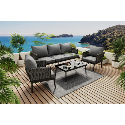 Garten Loungesessel Set, Gartenmöbel Set mit bequemen Kissen, 3er Sofa, 2 Sessel und Couchtisch, Outdoor, Glastischplatte, geflochtene Seilarmlehnen, verzinkter Stahl, grau