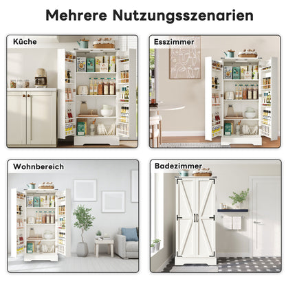 Buffetschrank Weiß 128,5 cm, Hochschrank Landhausstil mit automatischer LED-Beleuchtung, Türregale & Kippschutz