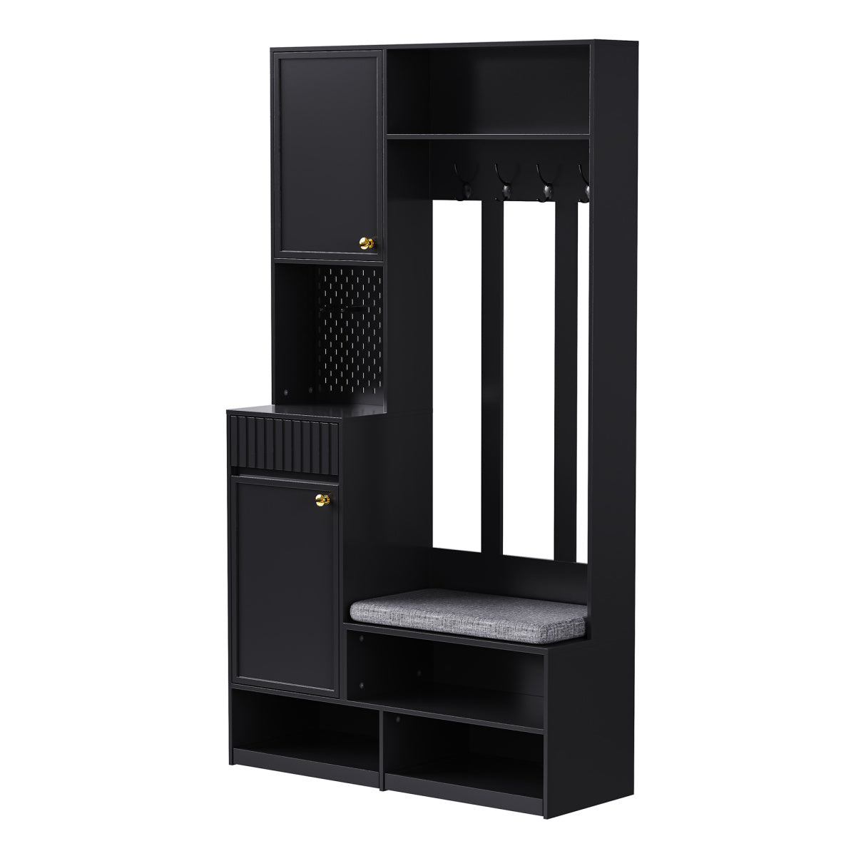 Garderobenset mit Sitzbank, Pegboard, 4 Haken, 2 Schubladen & Schrank, MDF, Schwarz, 100×35×180 cm