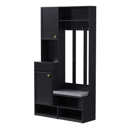 Garderobenset mit Sitzbank, Pegboard, 4 Haken, 2 Schubladen & Schrank, MDF, Schwarz, 100×35×180 cm