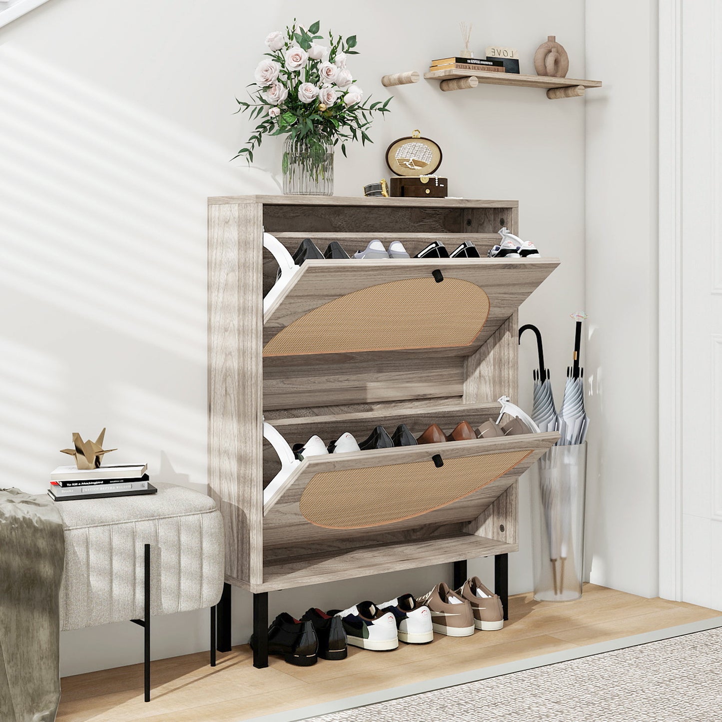 Schuhschrank mit zwei Türen, austauschbaren halbrunden Türfronten und Rattan-Oberfläche, geeignet für den Eingangsbereich und andere Szenen, Retro-grauer