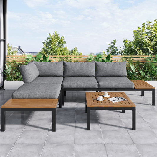Garten-Lounge-Set (2 Zweisitzer, 2 Beistelltische, 1 Tisch), Tischplatte aus massiver Akazie, Stoffbezug für Rückenlehne, grau(previous sku:HW00005AAE)