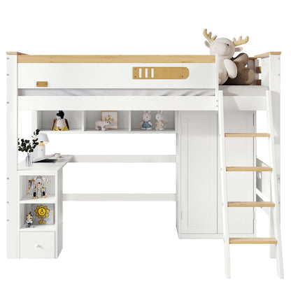 Etagenbett, Kinderbett, mit Fallschutzgitter, mit Tisch und Kleiderschrank, Offenes Regal, Reichlich Stauraum, Mit vierstufiger Leiter, Kiefer+MDF+Sperrholz, Weiß+Natur, 90x200cm
