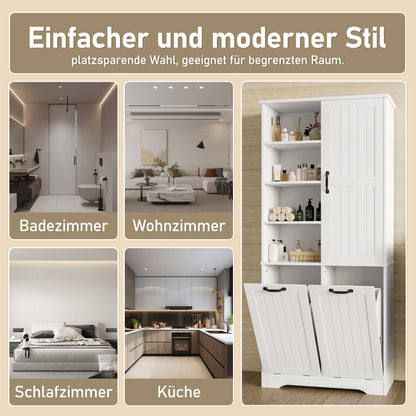 78 x 35 x 172 cm Badezimmerschrank, feuchtigkeitsbeständige Farbe, doppelter Wäschekorb, vier offene Fächer, eine Tür, drei Fächer in der Tür, verstellbare Regale, viel Stauraum, weiß