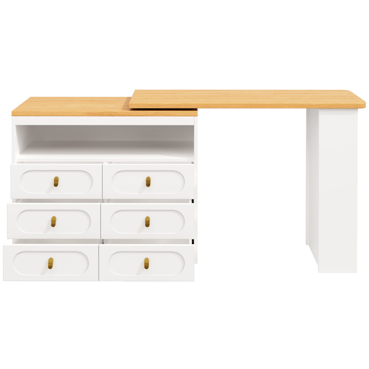 Bartisch ausziehbar 138-203cm, 360° drehbarer Stehtisch mit 6 Schubladen & Snack-Regal, moderner Küchentisch, Schreibtisch & Bar, Weiß
