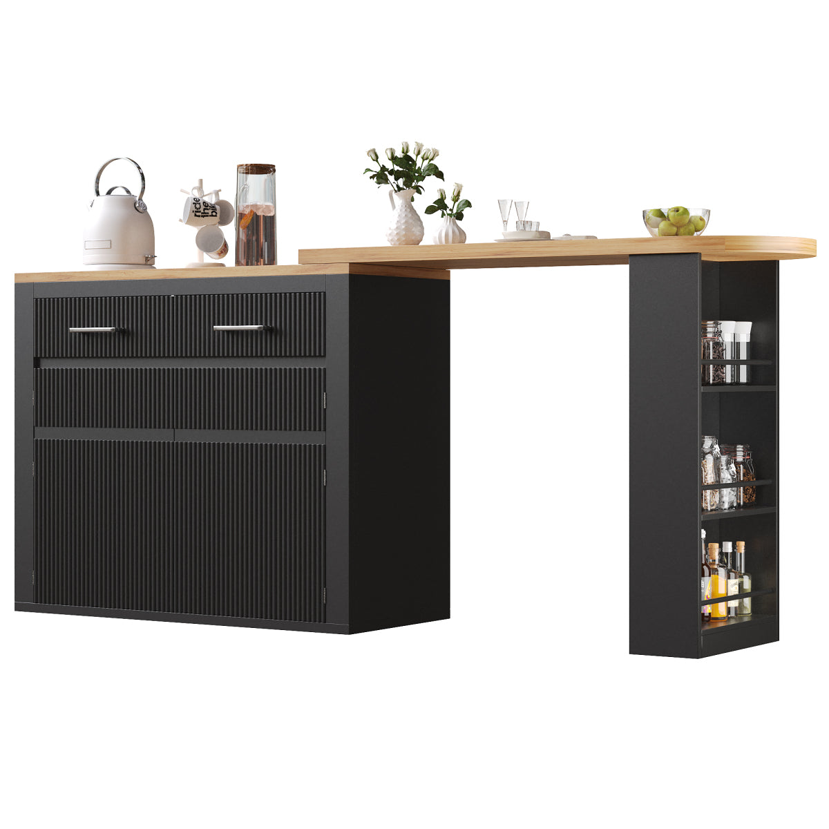 Ausziehbarer Bartisch Schwarz (137-215cm) - Moderner Teleskop-Hochtisch mit Schublade & Regalen - Bewegliche Kücheninsel & Bistro Table