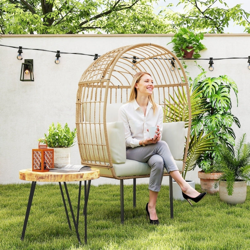 Rattansessel Ei-Förmig mit abnehmbarem Kissen, Gartenstühle für Garten Balkon, Veranda, Terrasse, Beige